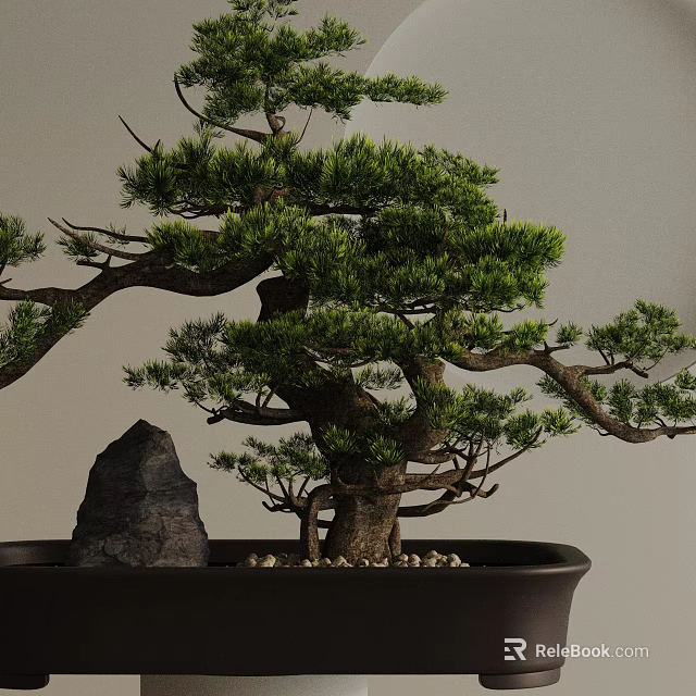 Artistic Bonsai Tree With Curved Branches Lush Green Leaves And Black Pot 3d model 