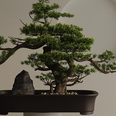 Artistic Bonsai Tree With Curved Branches Lush Green Leaves And Black Pot 3d model