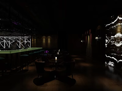 Modern Bar Interior With Illuminated Counter Seating Area And Decorative Lighting 3d model