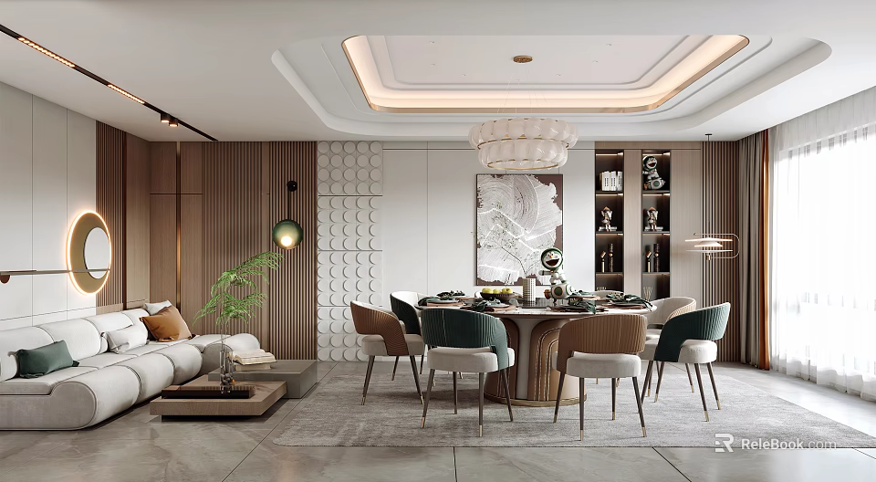 Elegant Modern Private Dining Room With Sofa Dining Table And Chandelier 3d model 
