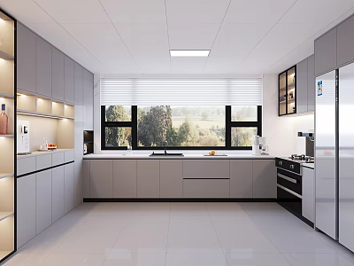 Modern Kitchen Interior With Gray Cabinets Scenic Windows And Stainless Appliances 3d model