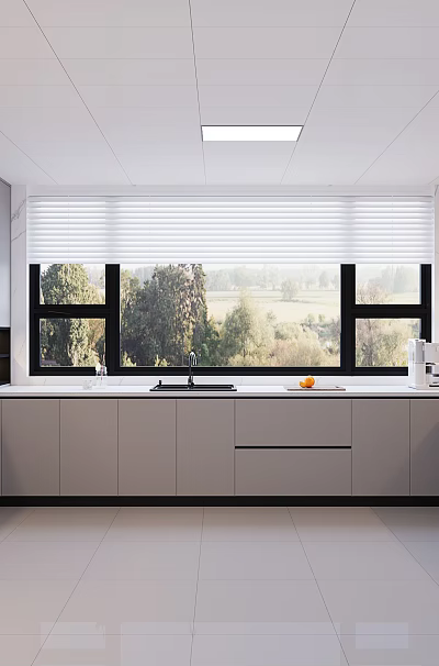 Modern Kitchen Interior With Gray Cabinets Scenic Windows And Stainless Appliances 3d model