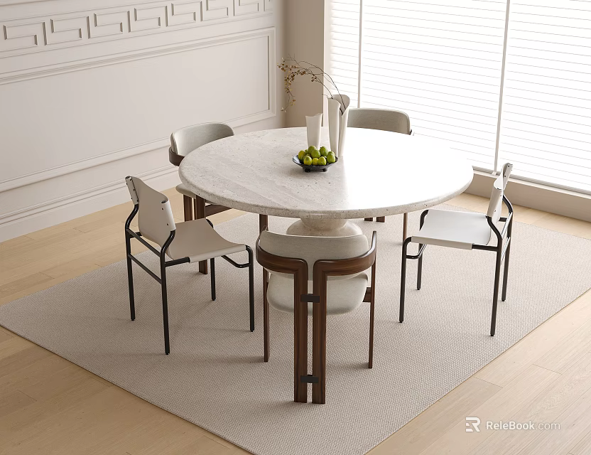 Modern Round Marble Top Dining Table With Four Chairs In Bright Room With Natural Light 3d model 