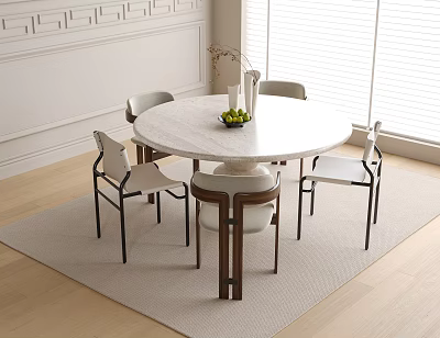 Modern Round Marble Top Dining Table With Four Chairs In Bright Room With Natural Light 3d model