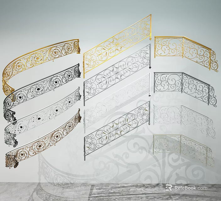 Ornamental Fence Railing Designs With Gold Silver Black Finishes And Intricate Curved Patterns 3d model 
