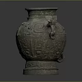 Ancient Bronze Vase With Animal Head Handles And Intricate Carved Patterns