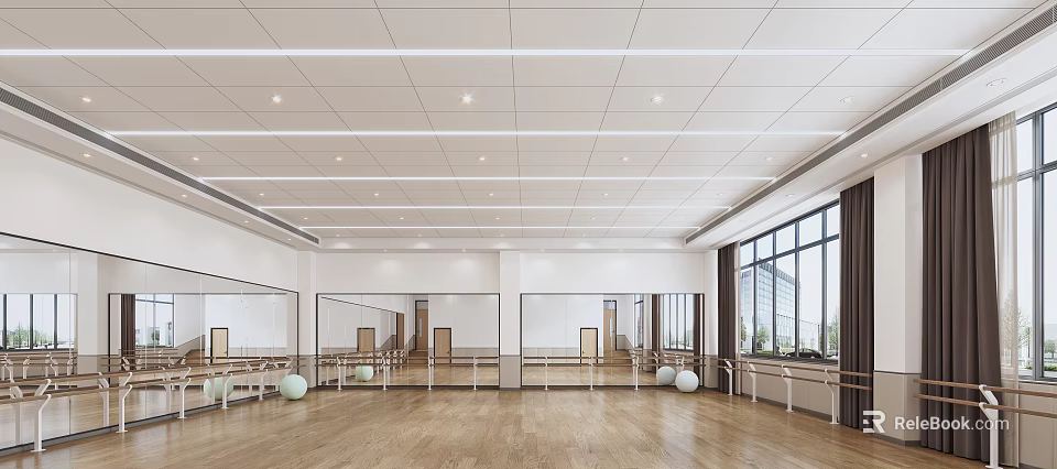 Spacious Fitness Dance Studio with Large Mirrors Barre Yoga Balls Wooden Flooring and Bright Windows 3d model 