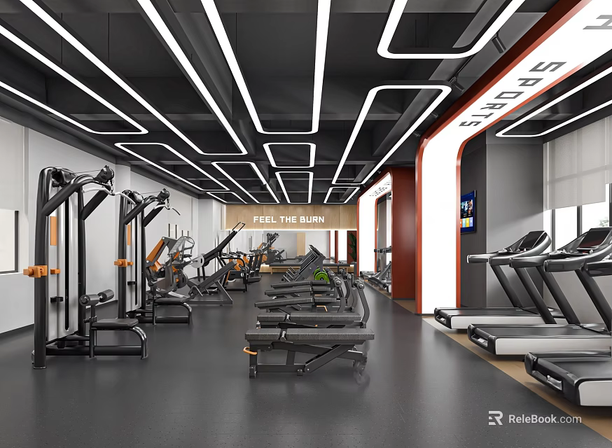 Modern Fitness Gym Interior With Spacious Layout Various Workout Equipment And Neon Lights 3d model 