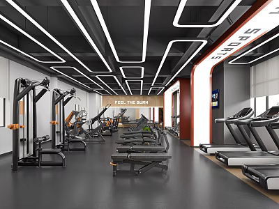 Modern Fitness Gym Interior With Spacious Layout Various Workout Equipment And Neon Lights 3d model