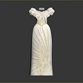 Man Sculpture With White Striped Design And Wing Shaped Decorations On Gray Background