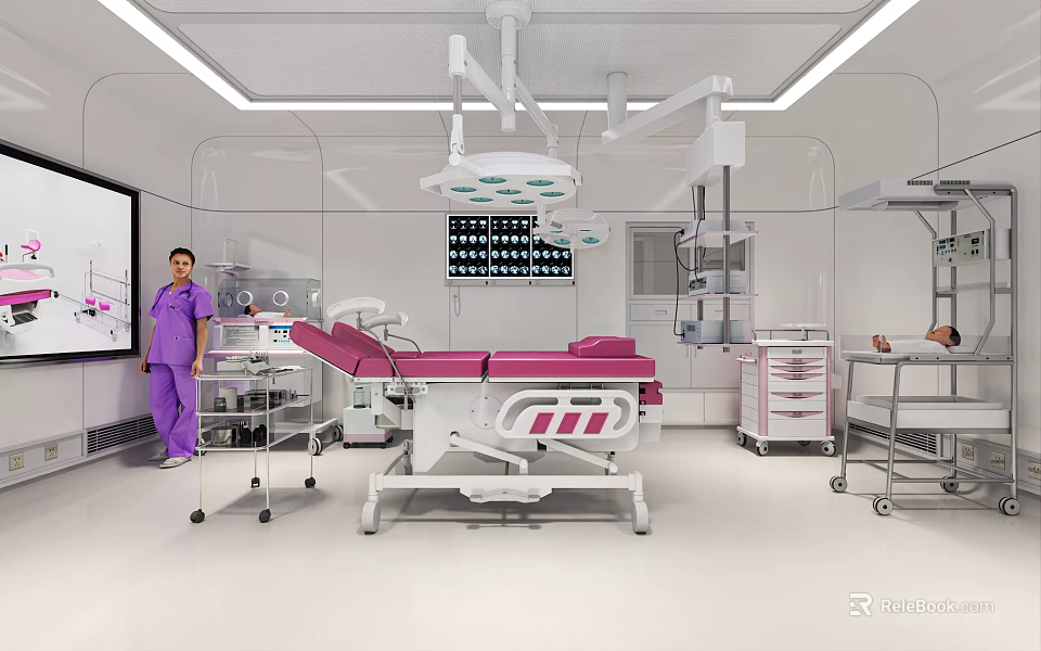 Modern Operating Room With Pink Surgical Bed Surgical Lights Medical Staff And Monitors 3d model 