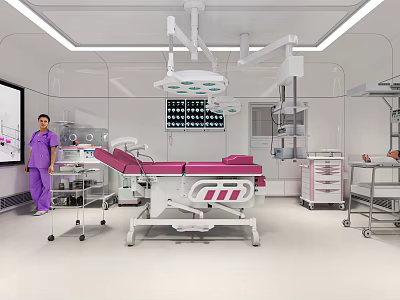 Modern Operating Room With Pink Surgical Bed Surgical Lights Medical Staff And Monitors 3d model