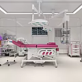 Modern Operating Room With Pink Surgical Bed Surgical Lights Medical Staff And Monitors
