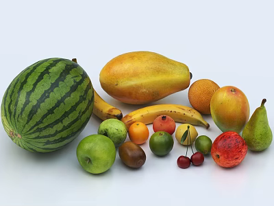 Assorted Fresh Fruits Display With Watermelon Papaya Bananas Oranges Pears And Cherries 3d model