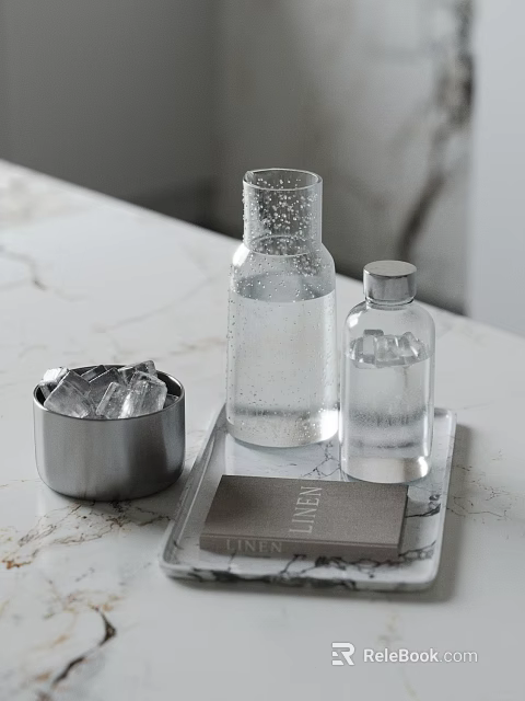 Elegant Arrangement On Marble Countertop With Glass Bottles Ice Bucket And Linen Box 3d model 