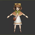 3D Girl Character With Brown Hair Yellow Bow And Orange Cape Standing With Little Rabbit