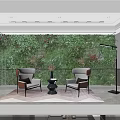 Modern Living Room Sofa Background Wall With Wooden Panels Green Plants And Armchairs