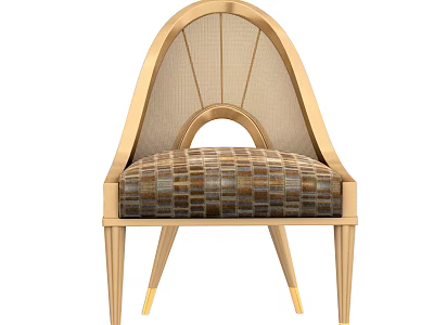 Elegant Leisure Chair Featuring Golden Frame Curved Backrest Mesh Design Circular Cutout And Plaid Cushion 3d model
