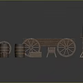 Vintage Wooden Equipment Collection Featuring Cart Barrels Boxes And Racks