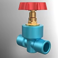 Blue Industrial Valve Design With Red Wheel And Golden Connection Components