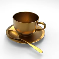 Golden Metallic Cup With Saucer And Spoon On White Background