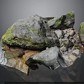Natural Rock Scene With Moss Covered Stones Dirt And Small Stream