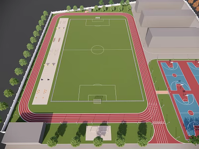 Football Field With Running Track And Basketball Courts Surrounded By Trees And Buildings 3d model