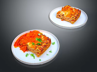 Baked Lasagna With Rich Tomato Sauce And Fresh Herbs On White Plates 3d model