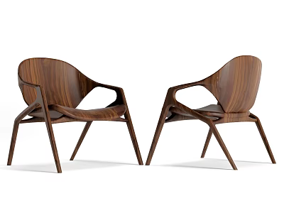 Modern Single Chair With Walnut Wooden Frame And Curved Armrests Design 3d model