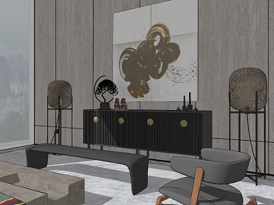 Elegant Modern Black TV Stand With Gold Circular Accents And Abstract Wall Decor Items 3d model