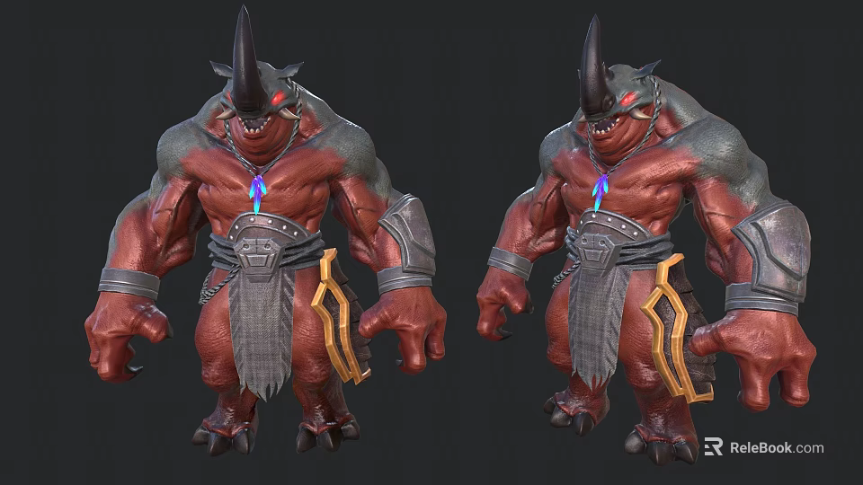 Fantasy Mythical Creature Design With Muscular Build Horned Head And Glowing Gem 3d model 