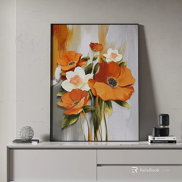 Vibrant Orange And White Floral Canvas Painting For Modern Living Room Decor 3d model 