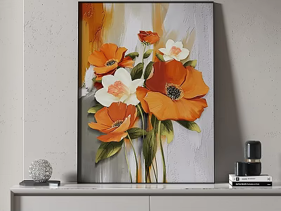 Vibrant Orange And White Floral Canvas Painting For Modern Living Room Decor 3d model
