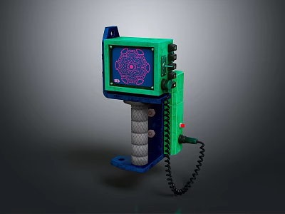 Handheld Device With Green Blue Casing Display Screen And Pattern Knobs Cable 3d model