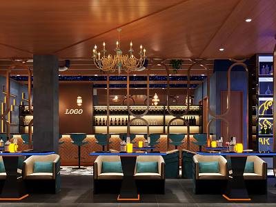 Elegant Bar Interior Design With Chandelier Wine Racks And Blue Brown Seats 3d model