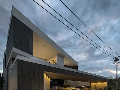 Modern Detached Villa With Geometric Exterior Large Windows And Cloudy Sky 3d model