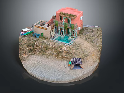 Cartoon Scene with Pink Building Green Balcony Pool Sandy Beach Tent Surfboard and Small Car 3d model