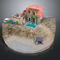 Cartoon Scene with Pink Building Green Balcony Pool Sandy Beach Tent Surfboard and Small Car