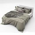 Modern Double Bed With Striped Bedding Gray Pillows And Dark Blanket