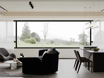 Modern Minimalist Open Living And Dining Room With Panoramic View Window And Elegant Interiors 3d model