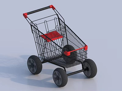 Black Frame Shopping Cart as Public Facility with Red Seat Handle and Wheels 3d model