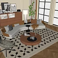 Modern Curved Beige Sofa And Coffee Table Set With Decorative Pillows And Geometric Rug