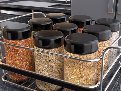 Kitchen Food Storage Jars With Black Lids Containing Grains Spices On Metal Rack 3d model