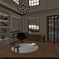Interior With Metal Shelf Black Chair Round Rug Chandelier Wooden Herringbone Floor Glass Door Leading To Pool