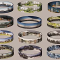 Scenic Views in Circular Panoramic Displays Featuring Urban Landscapes Green Areas and Architectural Scenes
