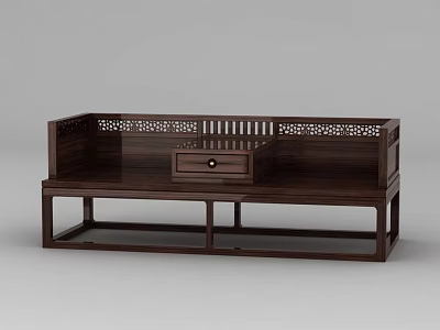 Dark Wood Luohan Bed With Carved Backrest And Small Drawer Cabinet 3d model