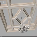 Ornate Light Colored Ceiling With Wooden Frame Geometric Pattern And Chandelier