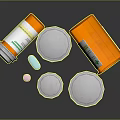 Orange Prescription Bottles With White Caps And Labels Standing Overturned On Dark Surface