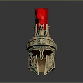 Ancient Greek Warrior Helmet with Red Plume and Gold Green Decorative Details