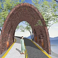 Red Brick Arched Pergola with Multiple Openings Surrounded by Trees and Mountains Under Blue Sky 3d model